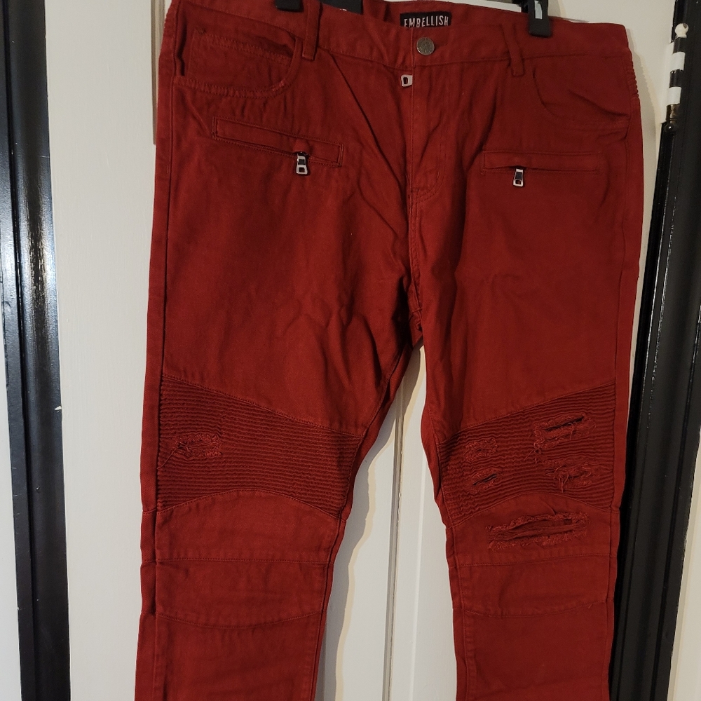 Men's Burgundy Embellish Jeans